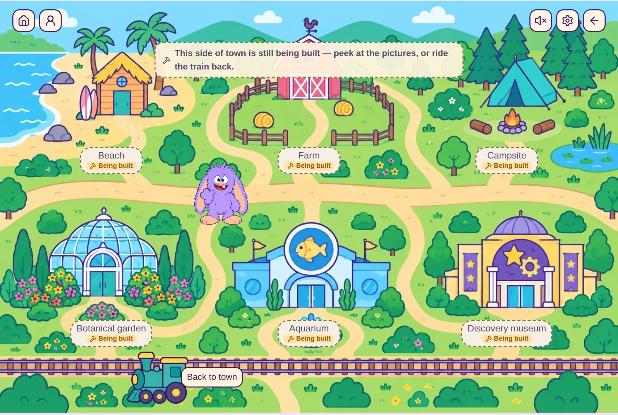 The Wimble's World map beyond town: a beach, farm, campsite, botanical garden, aquarium and discovery museum