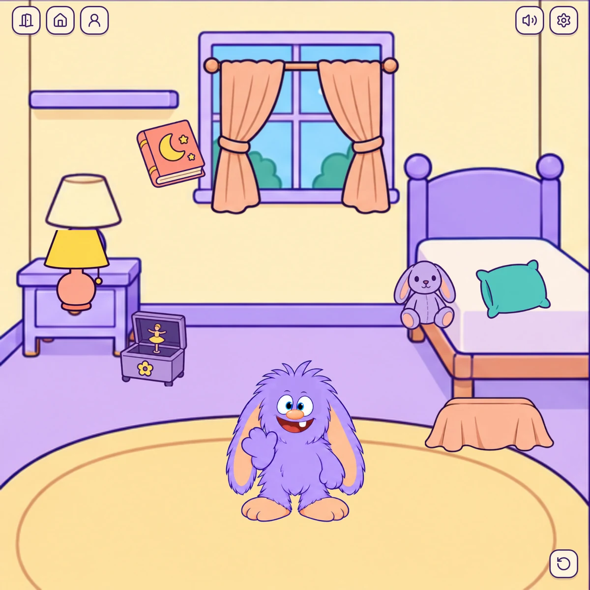Wimble in a cozy bedroom with a lamp and a stuffed bunny